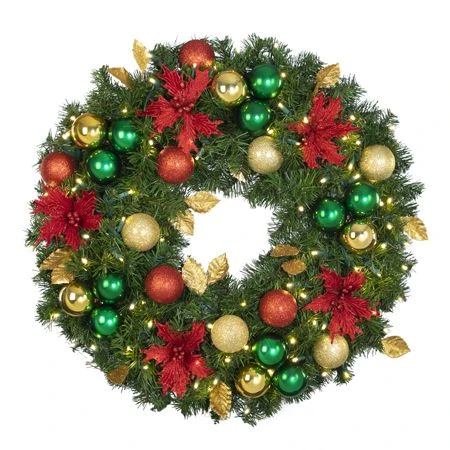 30" Lit LED Warm White Decorated Wreath - Elegant Poinsettia - Bow Option Available 3 30" Lit LED Warm White Decorated Wreath - Elegant Poinsettia - Bow Option Available