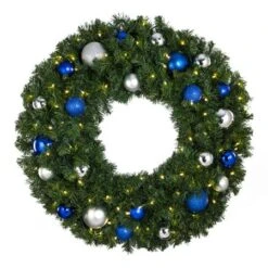 36" Lit LED Warm White Decorated Wreath - Blue And Silver Décor - Bow Option Available