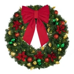 36" Lit LED Warm White Decorated Wreath - Elegant Poinsettia - Bow Option Available -Twinkly Shop dw 36 led ep b vb 12 r
