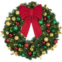 36" Lit LED Warm White Decorated Wreath - Traditional Décor - Bow Option Available -Twinkly Shop dw 36 led t b vb 12 r