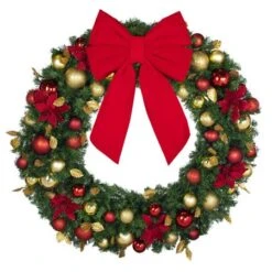 48" Unlit Decorated Wreath - DELUXE Royal Poinsettia - Bow Option Available -Twinkly Shop dw 48 del rgd ep b vb 18 r
