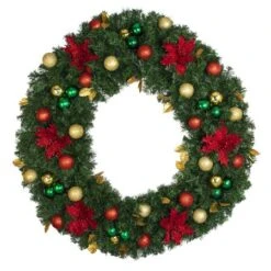 48" Unlit Decorated Wreath - Elegant Poinsettia - Bow Option Available