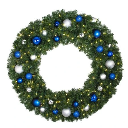 48" Lit LED Warm White Decorated Wreath - Blue And Silver Décor - Bow Option Available 3 48" Lit LED Warm White Decorated Wreath - Blue And Silver Décor - Bow Option Available