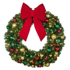 48" LED Warm White Decorated Wreath - DELUXE Colors Of The Holidays - Bow Option Available -Twinkly Shop dw 48 led del coth b vb 18 r