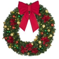 48" Lit LED Warm White Decorated Wreath - Elegant Poinsettia - Bow Option Available 9 48" Lit LED Warm White Decorated Wreath - Elegant Poinsettia - Bow Option Available -Twinkly Shop dw 48 led ep b vb 18 r