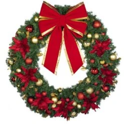 60" Unlit Decorated Wreath - DELUXE Royal Poinsettia - Bow Option Available -Twinkly Shop dw 60 del ep b vb 24 rgt