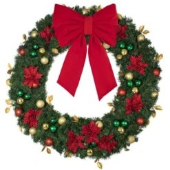 60" Unlit Decorated Wreath - Elegant Poinsettia - Bow Option Available -Twinkly Shop dw 60 ep b vb 24 r