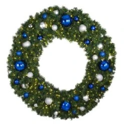 60" Lit LED Warm White Decorated Wreath - Blue And Silver Décor - Bow Option Available