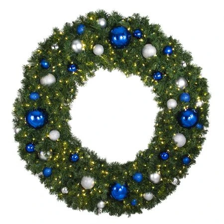 60" Lit LED Warm White Decorated Wreath - Blue And Silver Décor - Bow Option Available 3 60" Lit LED Warm White Decorated Wreath - Blue And Silver Décor - Bow Option Available