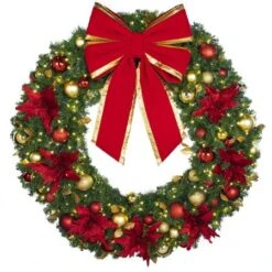 60" Lit LED Warm White Decorated Wreath - DELUXE Royal Poinsettia - Bow Option Available -Twinkly Shop dw 60 led del ep b vb 24 rgt