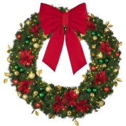 60" Lit LED Warm White Decorated Wreath - Elegant Poinsettia - Bow Option Available -Twinkly Shop dw 60 led ep b vb 24 r