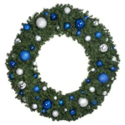 72" Unlit Decorated Wreath - Blue And Silver Décor - Bow Option Available