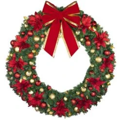 72" Unlit Decorated Wreath - DELUXE Royal Poinsettia - Bow Option Available -Twinkly Shop dw 72 del ep b vb 24 rgt