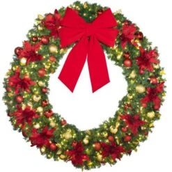 72" Lit LED Warm White Decorated Wreath - DELUXE Royal Poinsettia - Bow Option Available -Twinkly Shop dw 72 led del ep b vb 24 r