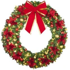 72" Lit LED Warm White Decorated Wreath - DELUXE Royal Poinsettia - Bow Option Available -Twinkly Shop dw 72 led del ep b vb 24 rgt