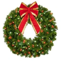 36" Lit Pure White And Red Deluxe Oregon Fir Wreath - Bow Option Available -Twinkly Shop w 36 dofl pwr b vb 8 rgt