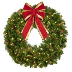 36" Lit Warm White And Red Deluxe Oregon Fir Wreath - Bow Option Available -Twinkly Shop w 36 dofl wwr b vb 12 rgt