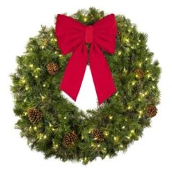 36" Lit Warm White Deluxe Mixed Pine Wreath - Bow Option Available -Twinkly Shop w 36 mpl t ww b vb 12 r