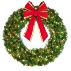 48" Lit Pure White And Red Deluxe Oregon Fir Wreath - Bow Option Available -Twinkly Shop w 48 dofl 6 pwr b vb 18 rgt
