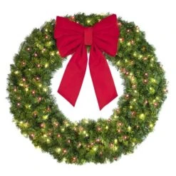 48" Lit Warm White And Red Deluxe Oregon Fir Wreath - Bow Option Available -Twinkly Shop w 48 dofl 6 wwr b vb 18 r