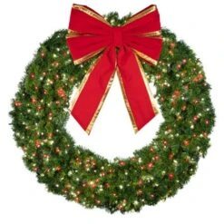 60" Lit Pure White And Red Deluxe Oregon Fir Wreath - Bow Option Available -Twinkly Shop w 60 dofl 6 pwr b vb 18 rgt