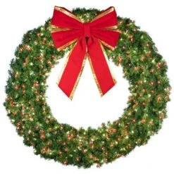 72" Lit Pure White And Red Deluxe Oregon Fir Wreath - Bow Option Available -Twinkly Shop w 72 dofl 6 wwr b vb 24 rgt 1